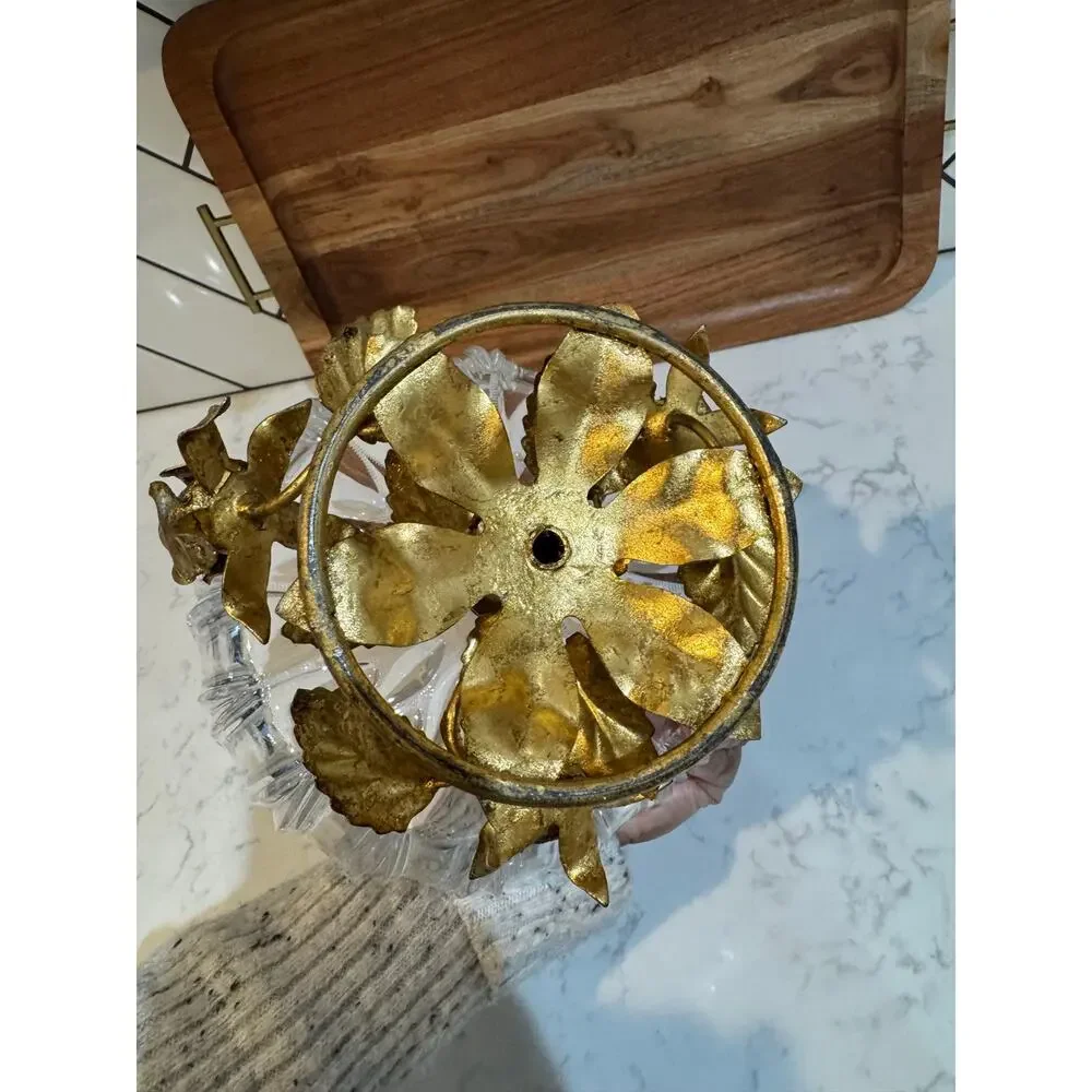 Hollywood Regency compote bowl crystal top gold-gilt cast brass pedestal base